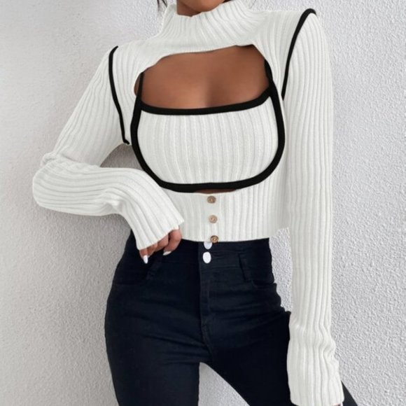 Modern Contemporary Ribbed Knit Cut Out Button Detail Sweater - Picture 2 of 6